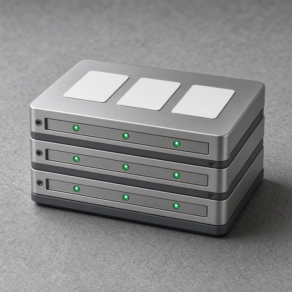 Concept still: stacked metal channel strips with indicator lamps on a cool desk